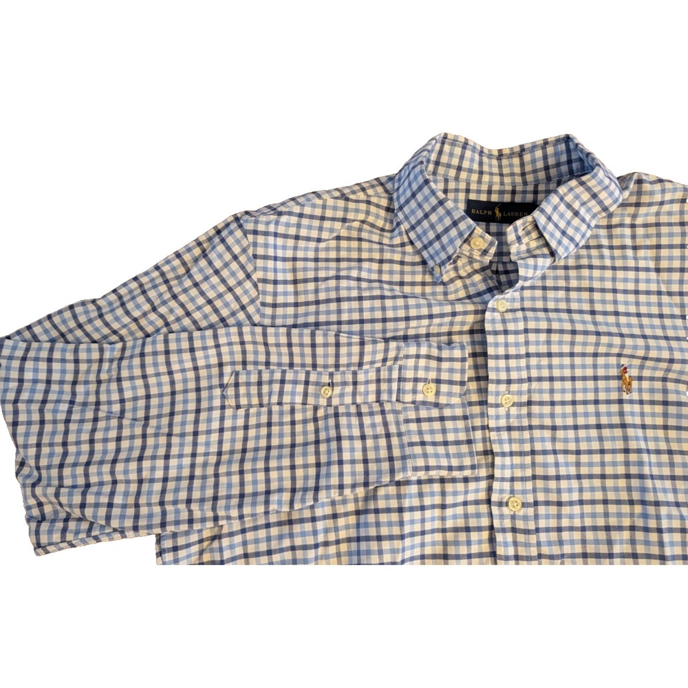 Polo Ralph Lauren Shirt Men's L Blue White Check Long Sleeve Flesh Pony Preppy